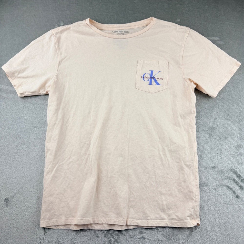 Calvin Klein Jeans Kids Peach Pink Pocket T-Shirt Logo Cotton Size L 14/16
